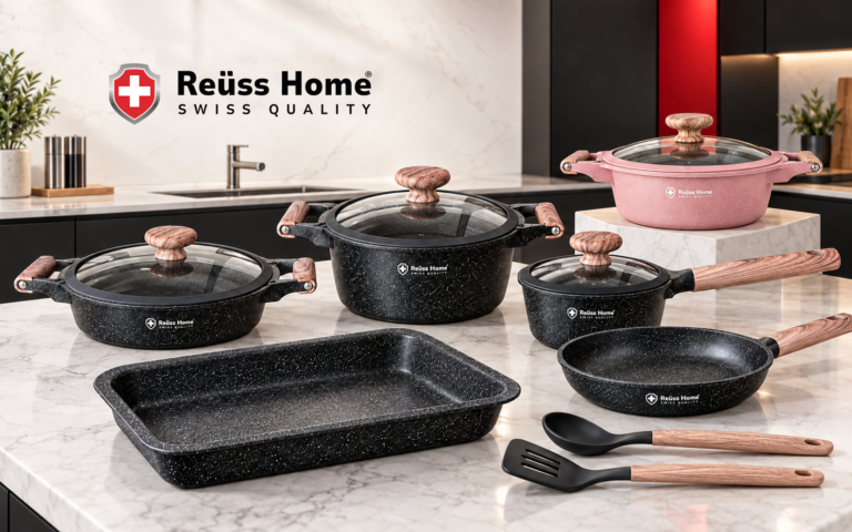 Reüss Home brand applied to a cookware line in a modern kitchen
